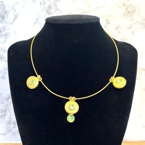 Hammered Medallion Faux Peridot Gold Tone Choker Necklace